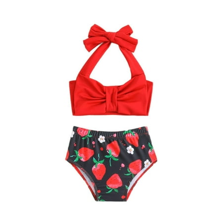 Toimothcn Swimsuit For Girls Sleeveless Casual Strawberry Printed 3 Piece Bikini Set Quickly Dry Cover Up Swimwear 18-24 Months