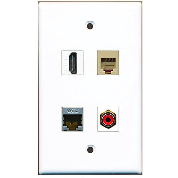 RiteAV - 1 Port HDMI 1 Port RCA Red 1 Port Phone RJ11 RJ12 Beige 1 Port Shielded Cat6 Ethernet Wall Plate