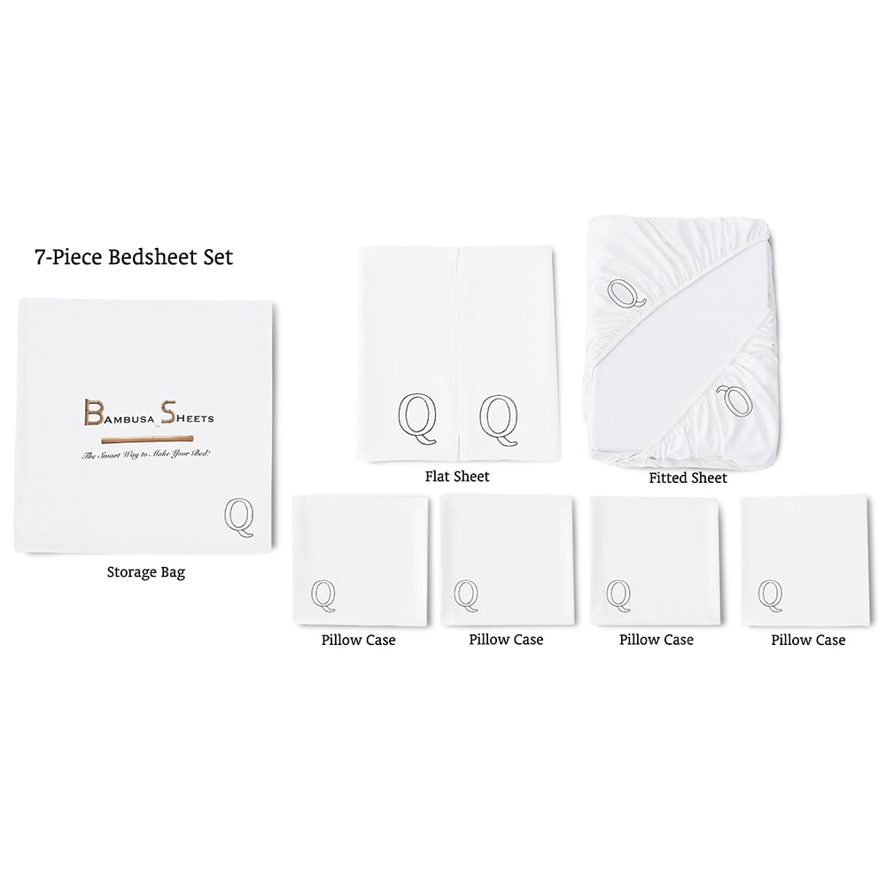 Bambusa: 100% Bamboo Viscose 7-Pcs Bedding Set | Ultra Soft & Cooling | Deep Pocket Fitted Sheet | (Queen, White Sheet Set)
