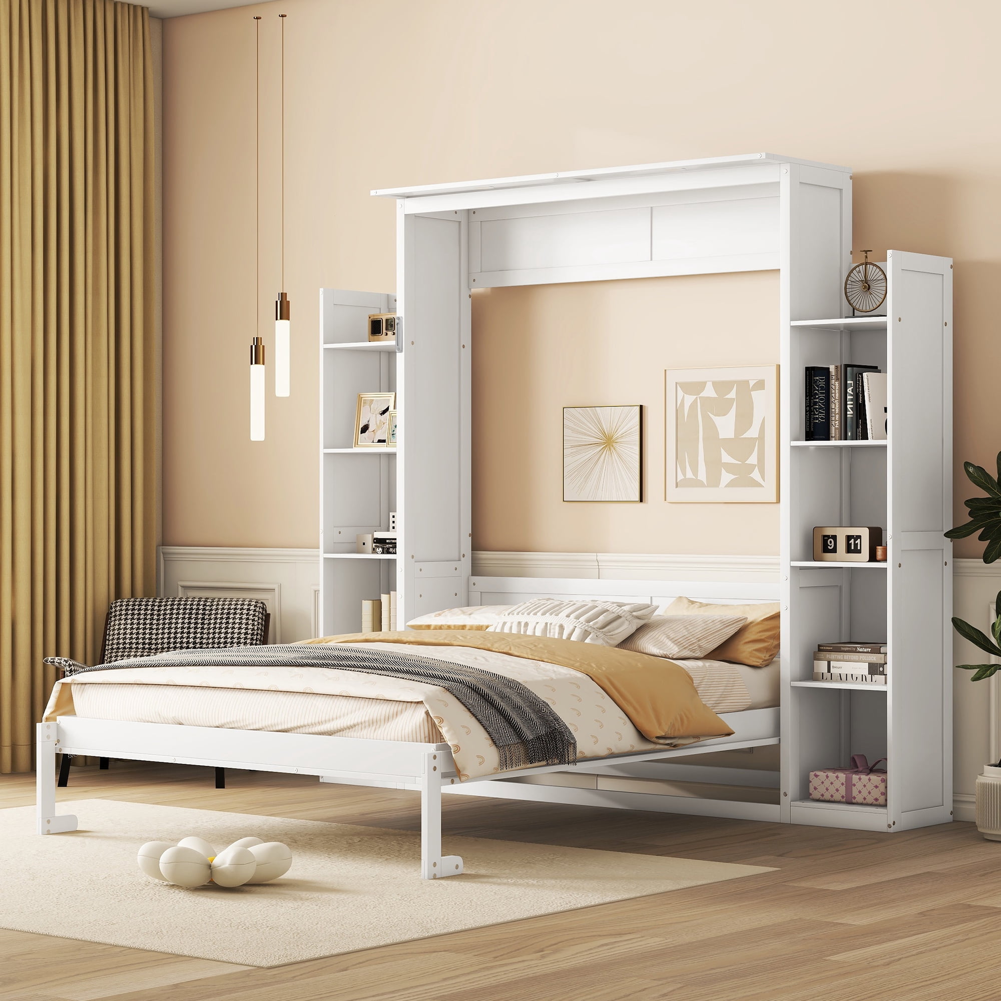 Noble House Queen Murphy Wall Bed with Shelves & LED Lights,White