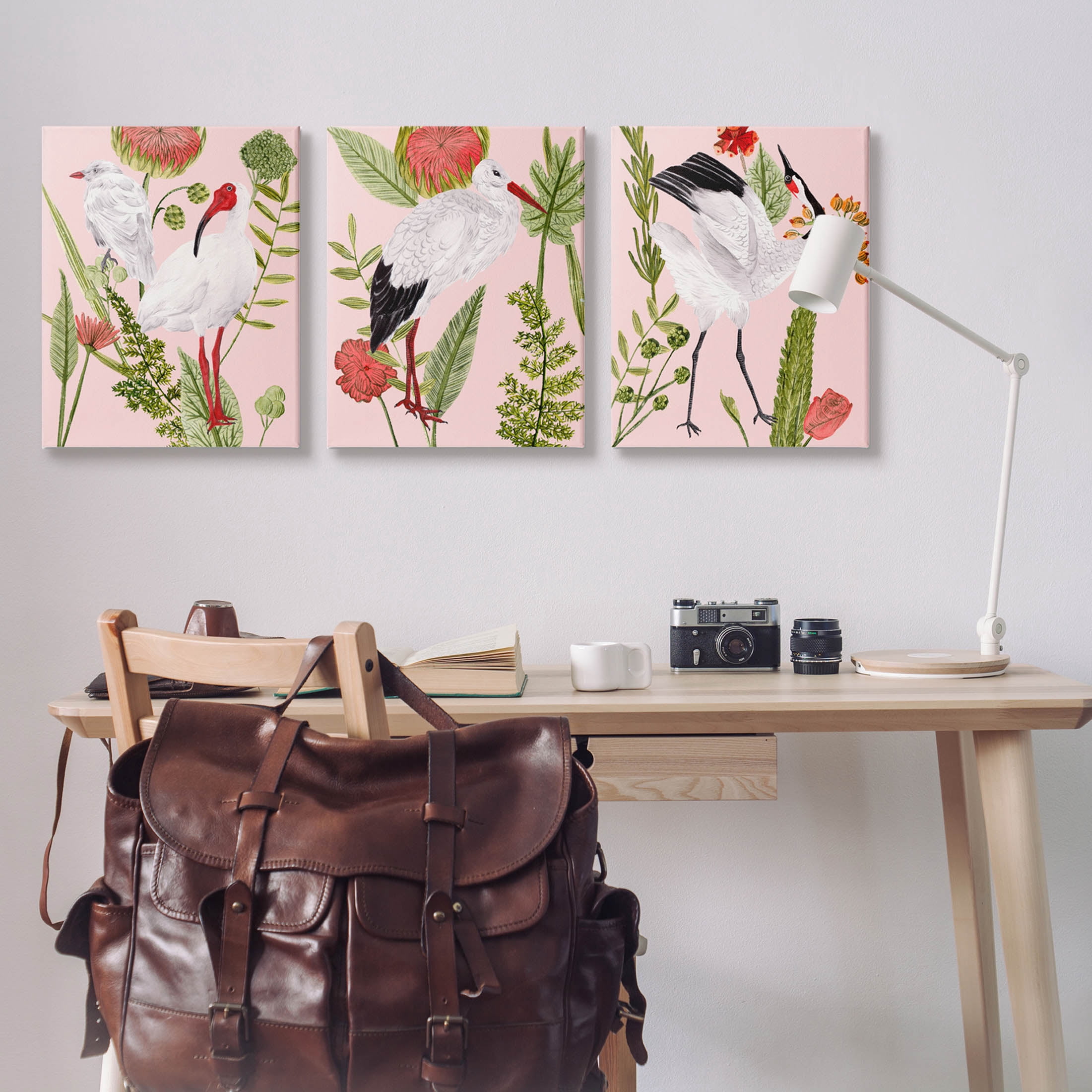 Stupell Industries Crane Bird Pink Botanicals Graphic Art Gallery Wrapped Canvas Print Wall Art, Set of 3, Design by Melissa Wang