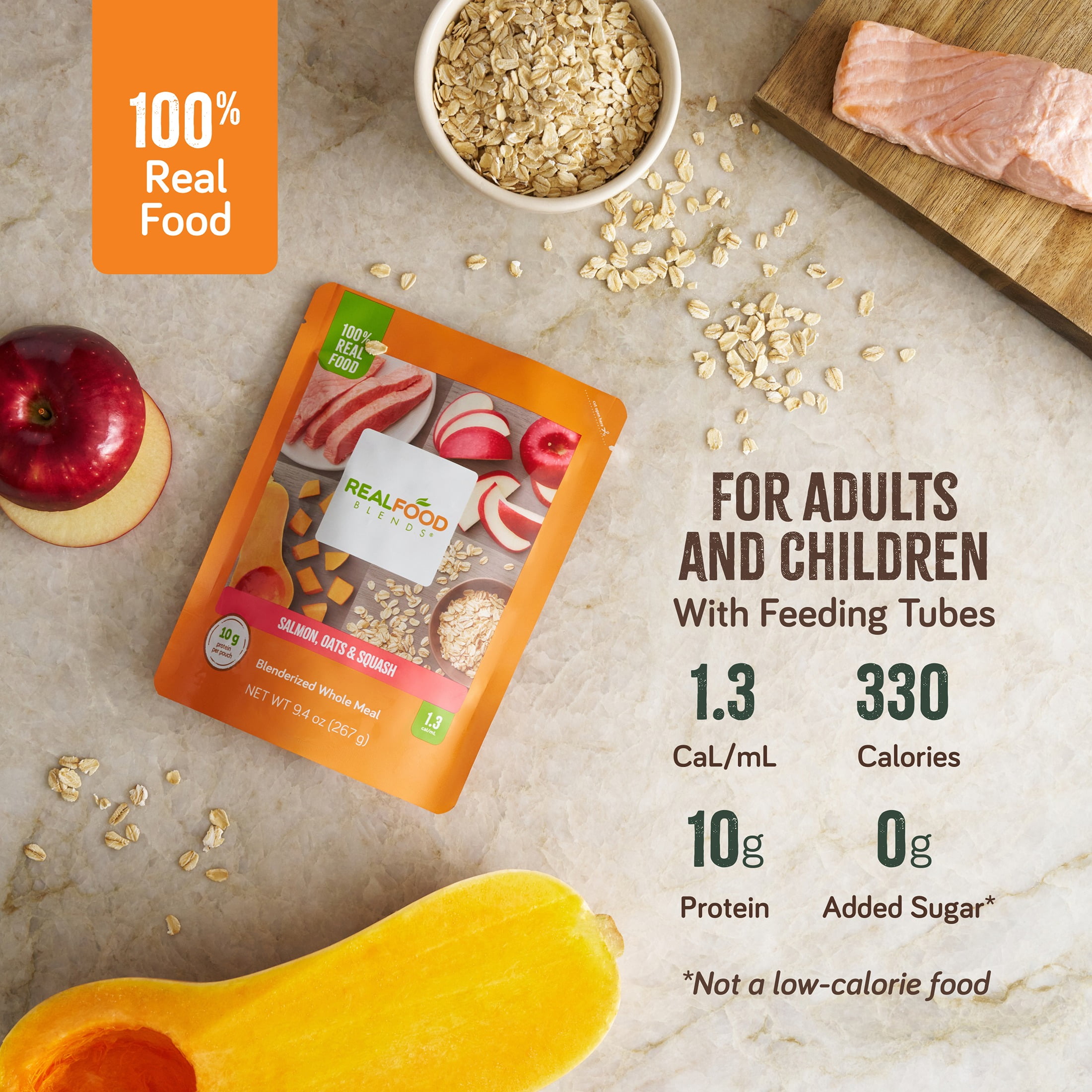 Real Food Blends Salmon, Oats & Squash - Pureed Food Meals for Tube Feeding with Protein, Vegetables & Fruits - 330 Calories for Lunch & Dinner - 9.4 oz (Pack of 12)