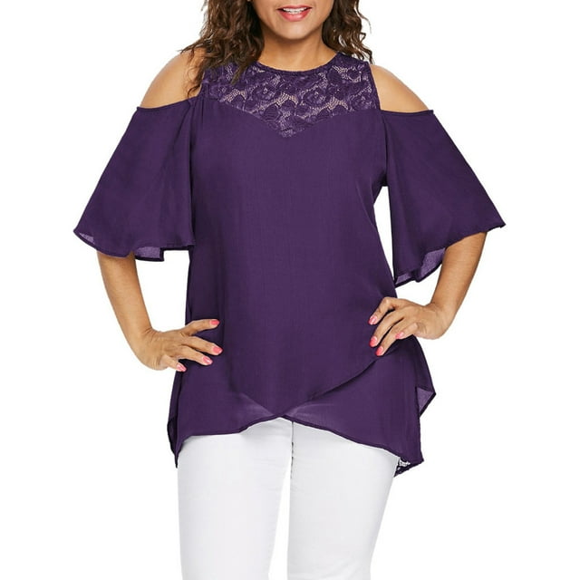 Leutsin Plus Size Women O-Neck Cold Shoulder Solid Lace Short Sleeve Zipper Tops Blouse