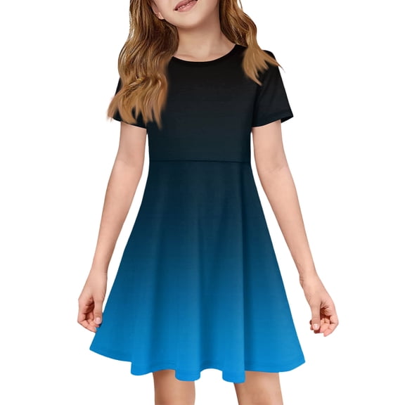 XADYUY Girls Dresses Size 10-12 Casual A-Line Short Sleeve Midi Dress Gradient Crew Neck Sundresses Summer Swing Dresses with Pockets,12-13Years,Royal Blue