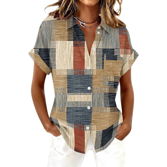 Button Down Shirts for Womens Short Sleeve Blouses V Neck Collared Casual Summer Tops with Pockets