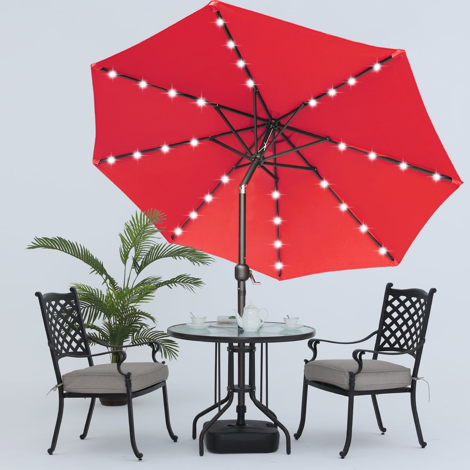 MASTERCANOPY 7.5ft Patio Umbrella with 32 Solar LED Lights 8 Ribs, Red