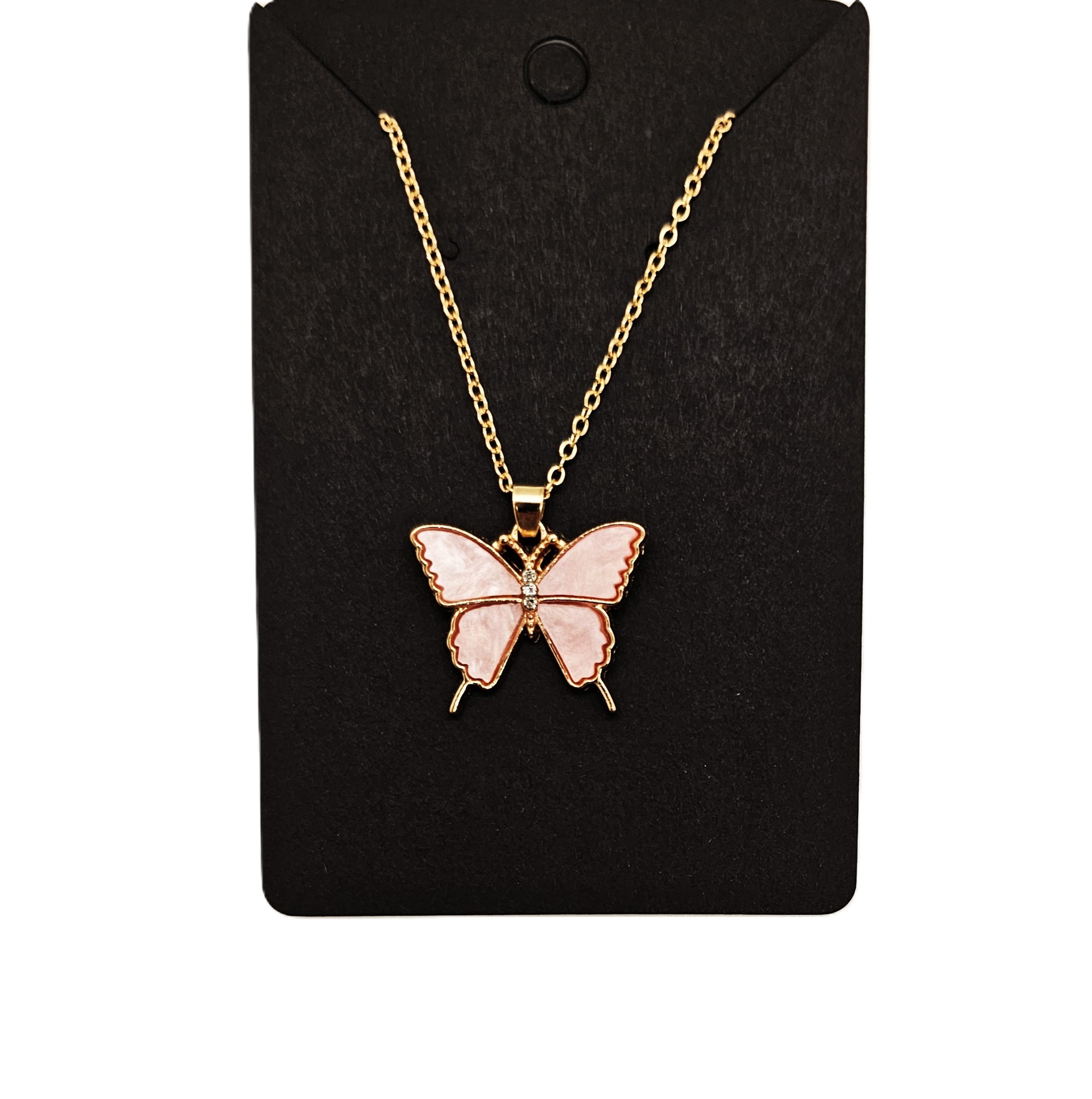 Light Pink Enamel Butterfly Necklace, Gold Tone