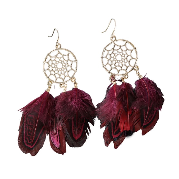 Guardurnaity 1 par de pendientes de mujer estilo bohemio elegantes plumas exquisitas colgantes para las orejas gotas para las orejas joyería única Ropa, zapatos y accesorios Miscelánea Vino rojo