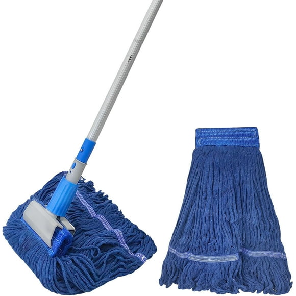 Commercial Looped-End String Mop, Commercial Mop Heavy Duty Industrial Cotton Mop 62.5-inch Handle, Cotton Mop Head, Includes 2 Head for Home,Garage,Office, Workshop, Warehouse Floor Cleaning-Blue