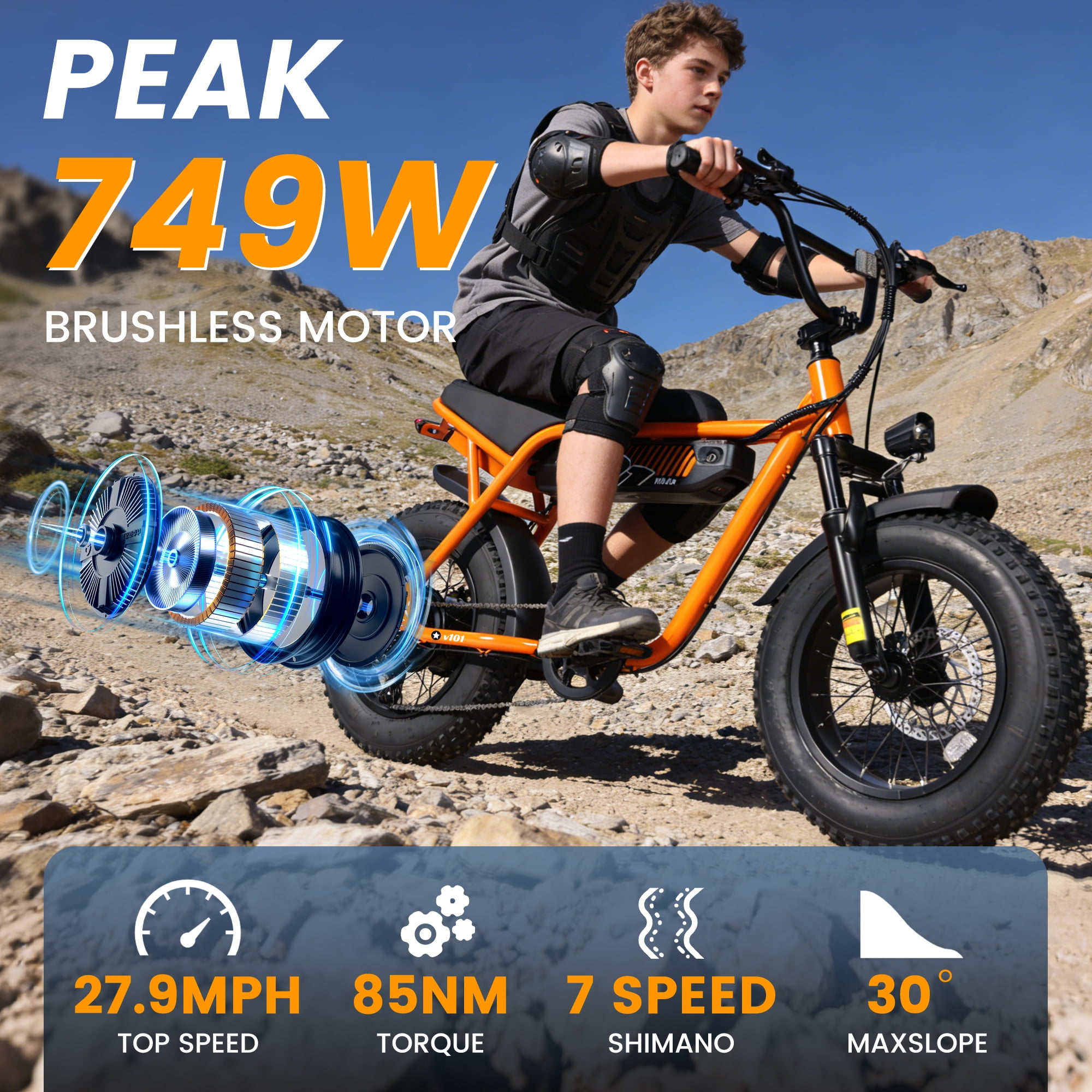 Adult & Teen Electric Bike – 750W Peak (1500W Max) Motor, 28 MPH, 48V 13Ah Battery, 16"x4.0" Fat Tires, 7-Speed, Front Suspension All-Terrain E-Bike, Orange with Phone Bag & Lock