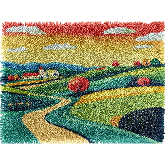 Landscape of Countryside Colorful Latch Hook Rug kits Pre-printed Crochet Yarn DIY Hooking Latch Kit Carpet Rug Cover Mat for Christmas Chair Cushion Floor Decoration 60x40cm(2)