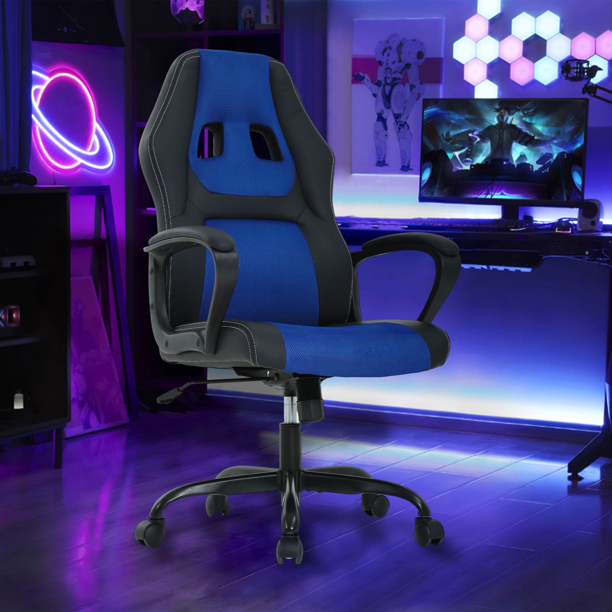 CL.HPAHKL PC Gaming Chair, Ergonomic Computer Chair PU Leather Gamer Chair with Headrest and Lumbar Support, Height Adjustable Video Game Chair Gaming Chair for Adults Teen, Blue