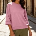 thumbnail image 5 of ABSUYY Women's Soft Stretchy Waffle Knit Tunic, Crew Neck 3/4 Sleeve Relaxed Fit Daily Shirt, Pink, M, 5 of 9
