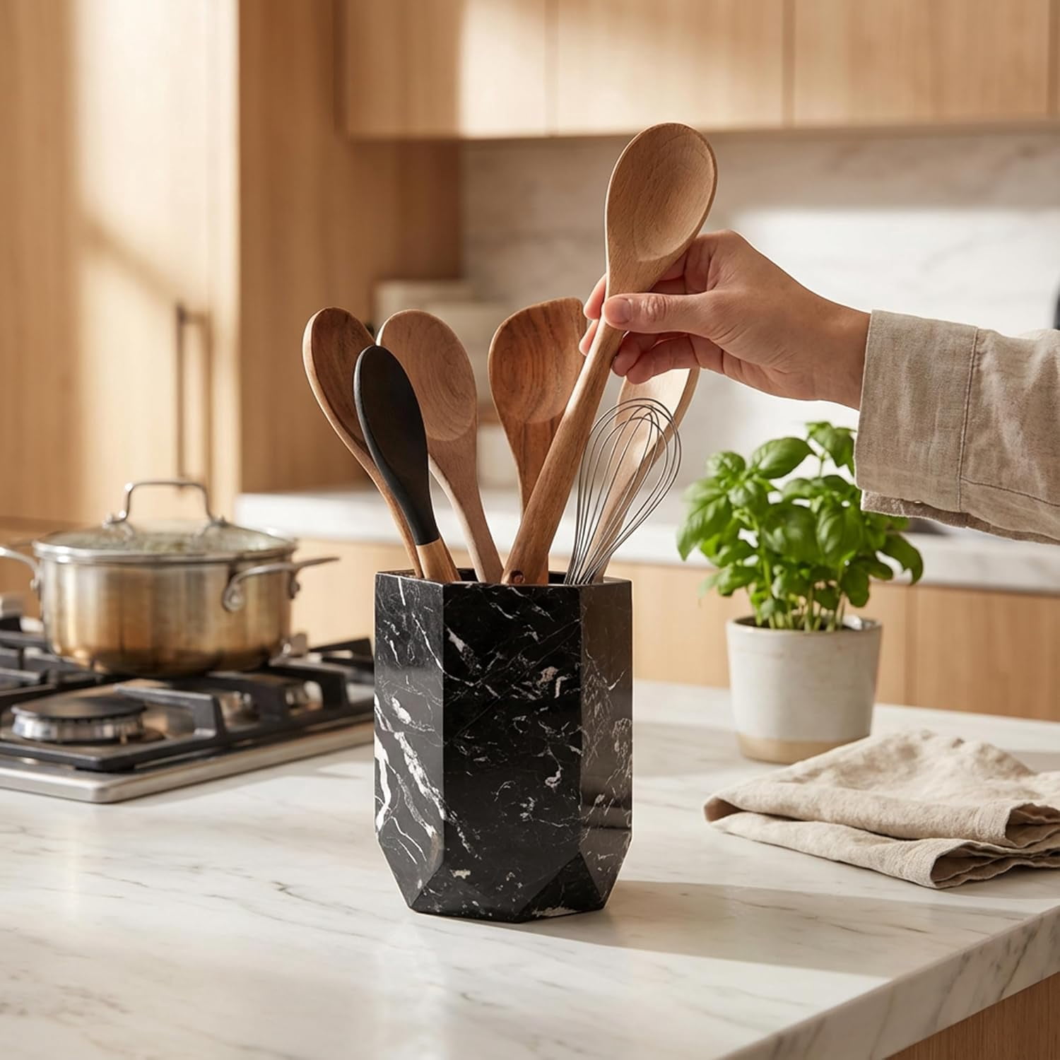 Elborse Marble Utensil Holder 6.5 inches Black Spatula Set for Kitchen Counter, Ideal Cooking Utensils Jar and Kitchen Essentials Organizer, Ideal Utensil Caddy and Spoon Holder