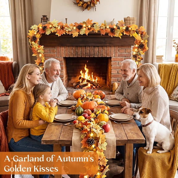 Leyaron Fall Garlands Decorations, 6 Ft Fall Maple Leaves Garlands with Lights Berries for Autumn Thanksgiving Outdoor Indoor Party Table Porch Fireplace Home Decor