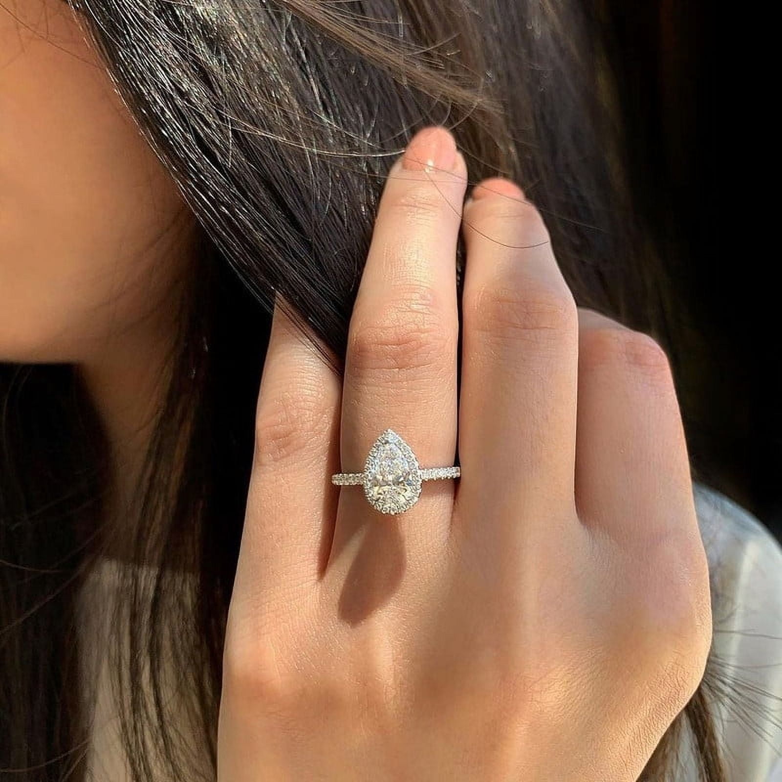 Solitaire Brilliance 2CT Pear Cut Brilliant Moissanite Halo with Accent Pave 3 Prongs Wedding Gift Ring, Engagement Ring for Women in 10K White Gold, Ring Size 4
