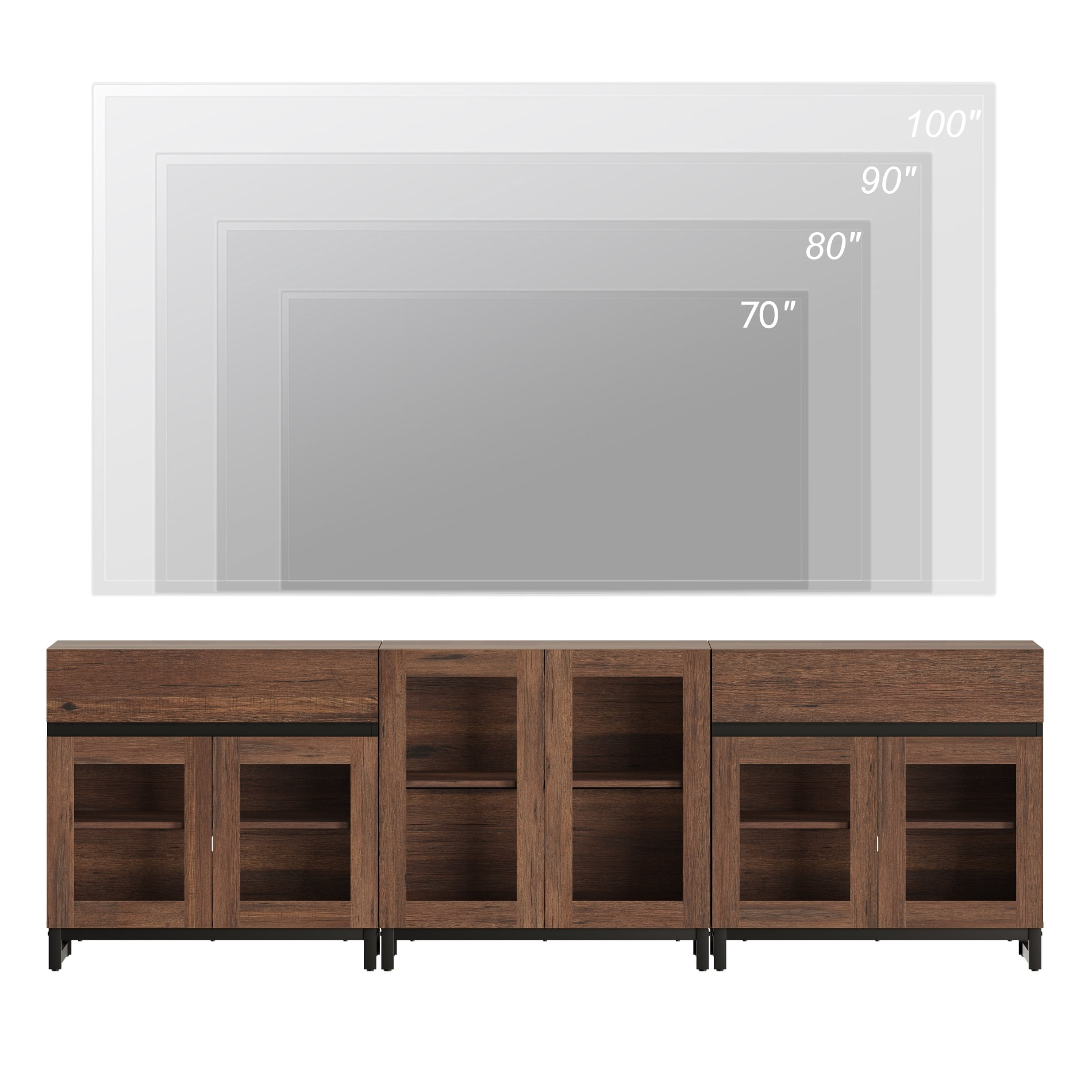 3 In 1 TV Stand For Tvs Up To 100 Inch, Modern Entertainment Center With Glass Doors And Metal Legs, TV Console With Adjustable Shelf For Living Room, Bedroom,Brown