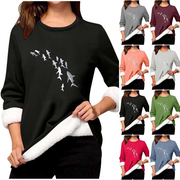 Oksale Fleece Lined Shirts for Women Thermal Funny Print Fall Tops Soft Cozy Long Sleeve Warm Winter Clothes Gray L