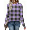 thumbnail image 5 of Mifsaly Women Plaid Pullover Tops Raglan Long Sleeve Teacher Shirts Checkered Crew Neck Loose Fit Sweatshirt Work Airport Casual T-Shirts Y2K Spring Fall Cute Pullover Outfits Purple, 5 of 9