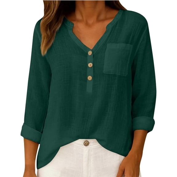 Duoif Womens Tops Womens Cotton Linen Tops Spring Fashion 2026 Long Sleeve V Neck Button Shirts Casual Loose Summer Blackish Green L