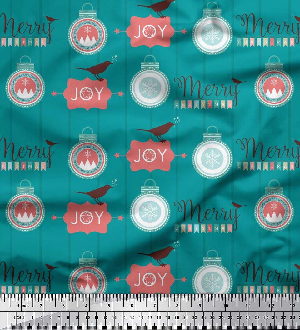 Soimoi Green Poly Georgette Fabric Bird,Stripe & Baubles Christmas Print Fabric by Yard 42 Inch Wide