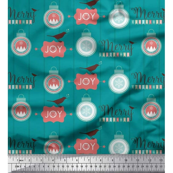 Soimoi Green Japan Crepe Satin Fabric Bird,Stripe & Baubles Christmas Fabric Prints By Yard 42 Inch Wide