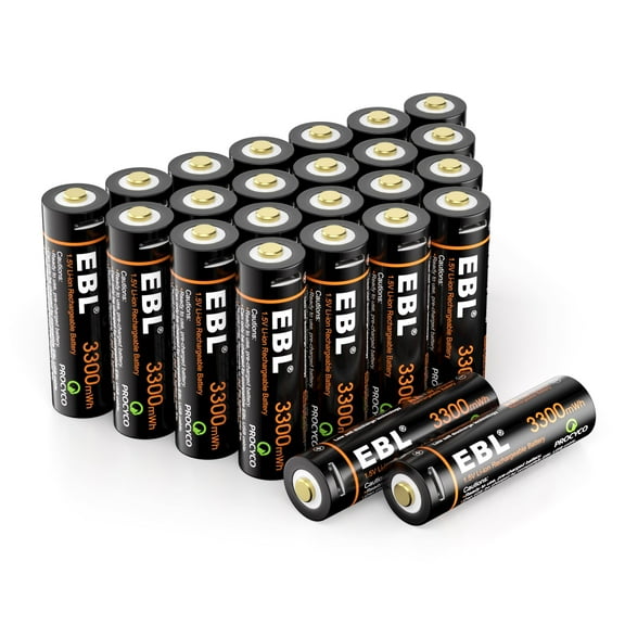 EBL 1.5V AA Lithium ion Battery 3300mWh with Micro USB Cable 2 Hours Quick Charge AA Rechargeable Batteries, 24-Pack