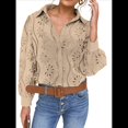thumbnail image 2 of Blusa de Mujer con Mangas Largas Abullonadas, Cuello en V, Botones, Encaje Calado y Bordado Albaricoque XL, 2 of 10