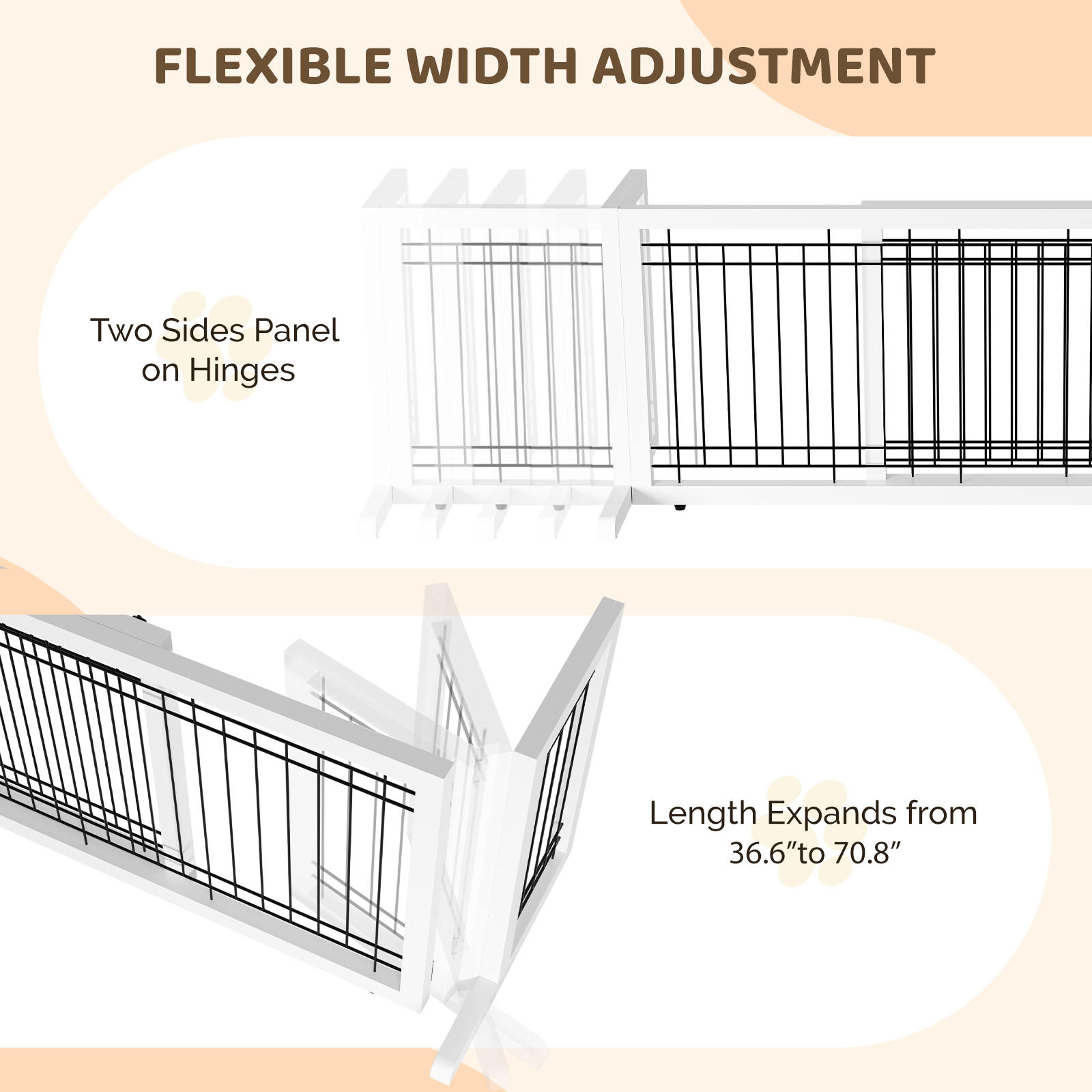 VINGLI Free Standing Dog Gate, Adjustable Pet Fence, 37" - 68" Wide Solid Wooden Pet Gate for House Doorways Stairs, Doggie Gates for Indoors, White