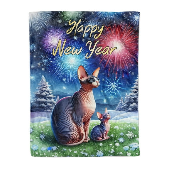 Happy New Year Sphynx Family Cheer Winter Midnight Firework Cozy Fleece Blanket Cat Lover Kitten Owner Gifts Idea Warm Soft Throw Blanket - 02025