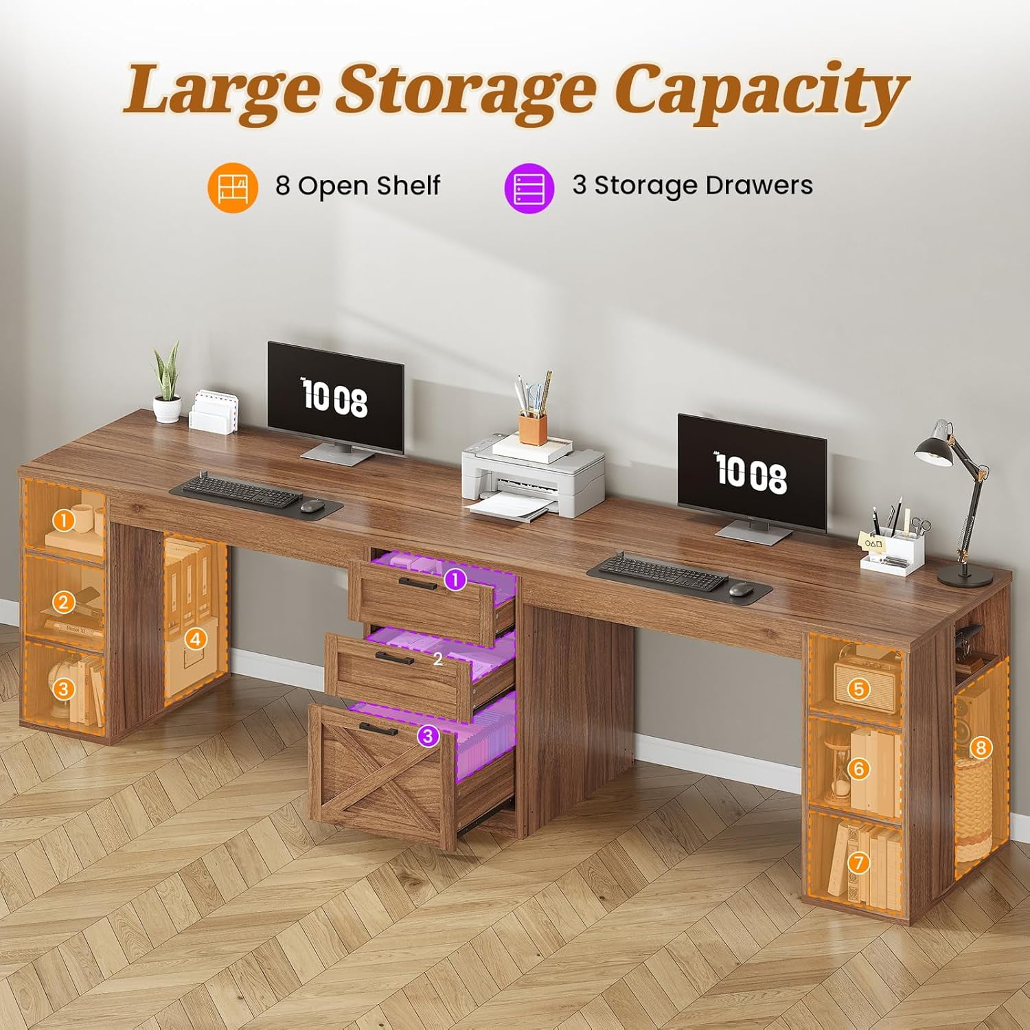SEDETA Farmhouse 96.5" Computer Desk with Drawers, 2 Person Home Office Desk, Gaming Double Desk with Storage Shelves, Long Two Person Writing Desk, Brown