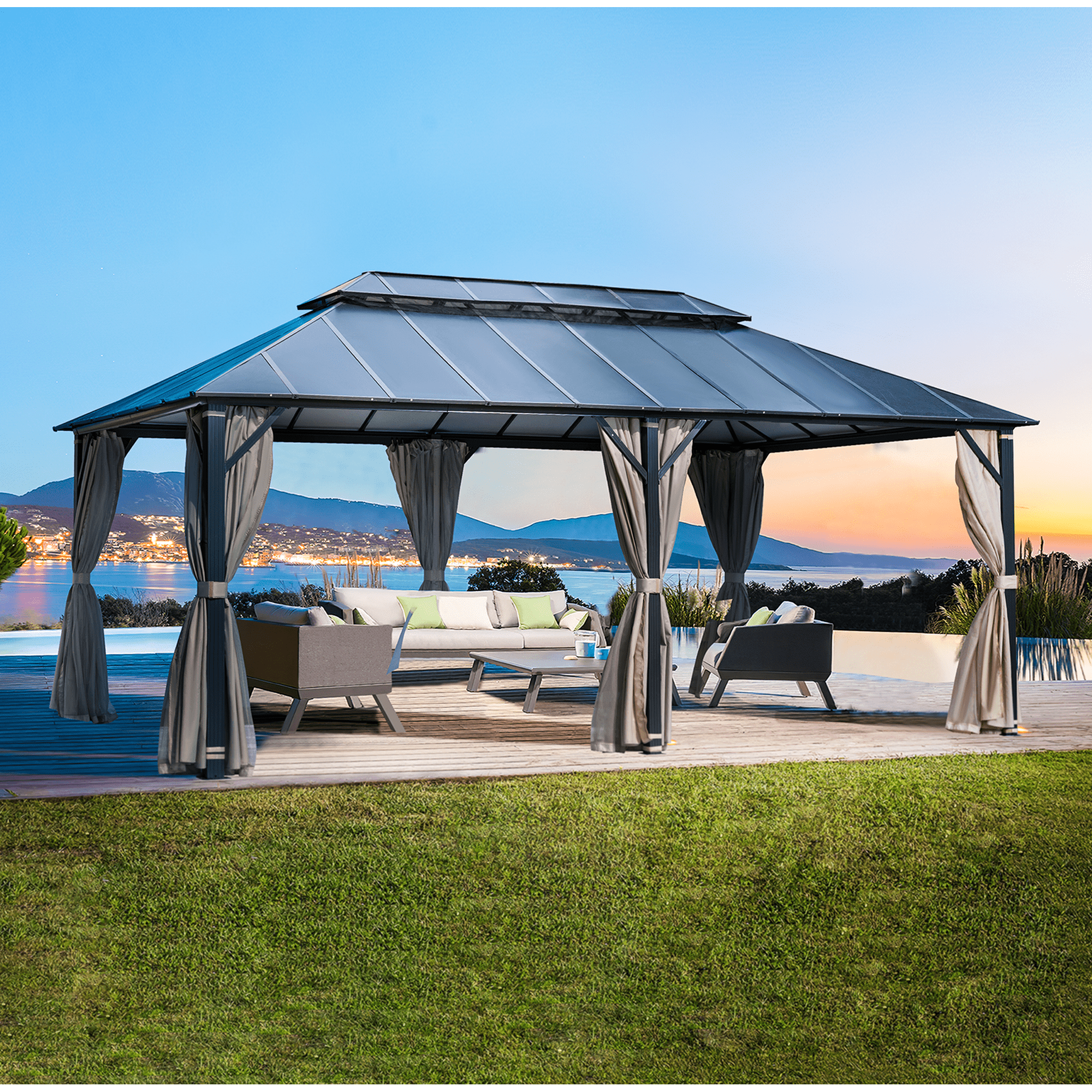 Yoleny 12 x 20 Ft Hardtop Outdoor Aluminum Gazebo Double Roof with Curtains and Netting
