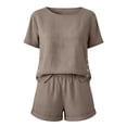 thumbnail image 4 of Mifsaly Two Piece Short Set for Women Side Buttons Summer Casual Vacation Matching Outfits Crewneck Top and High Waisted Shorts with Pockets Brown,XL, 4 of 7