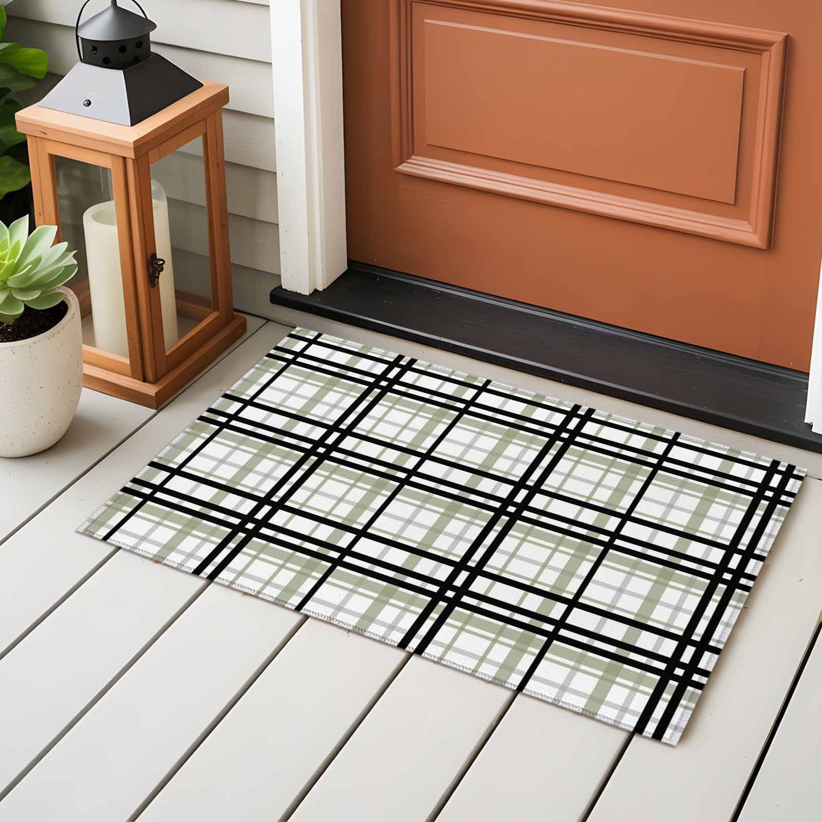 Entrance Runner Rug 2'x3',Sage Green Black Plaid Non-slip Doormat for Indoor Outdoor Entrance,Farmhouse Green Black Checkered Throw Floor Mat for Front Door/Living Room/Bedroom/Bathroom/Kitchen