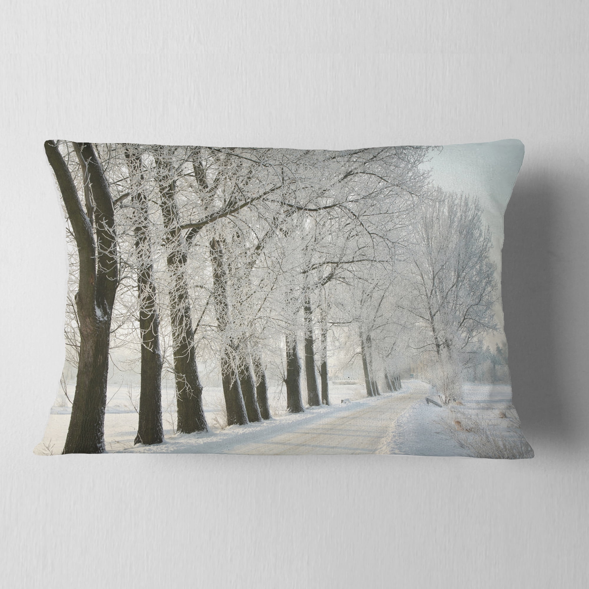 Designart Winter Rural Road at Sunrise - Forest Throw Pillow - 12x20