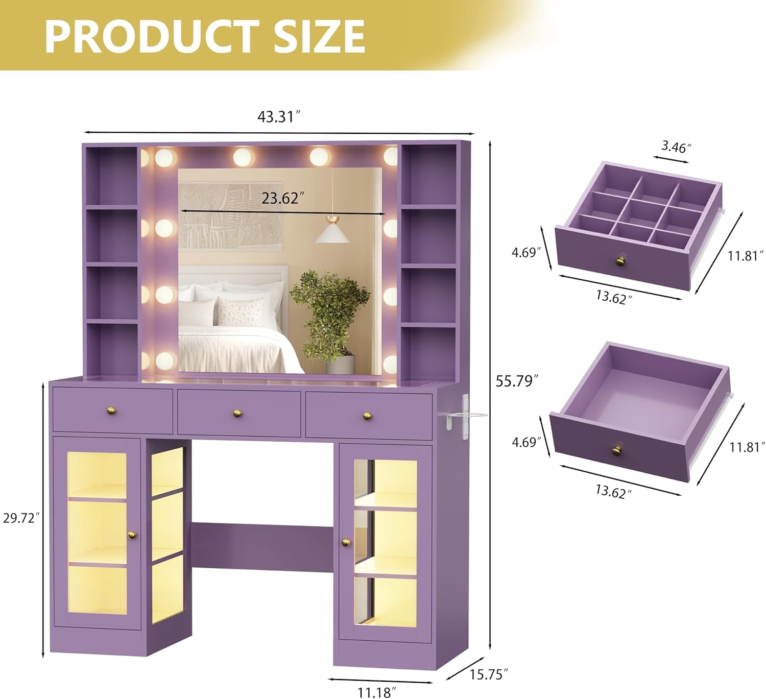 FANRAL Makeup Vanity with Mirror and Lights,Glass Top Vanity Desk with RGB Cabinets,43.5" Large Dressing Table for Women Bedroom,Purple Vanity