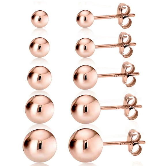Kezef Women's Rose Gold over 925 Silver High Polish Smooth Round Ball Stud Earring 5-Size Set - 3mm - 7mm