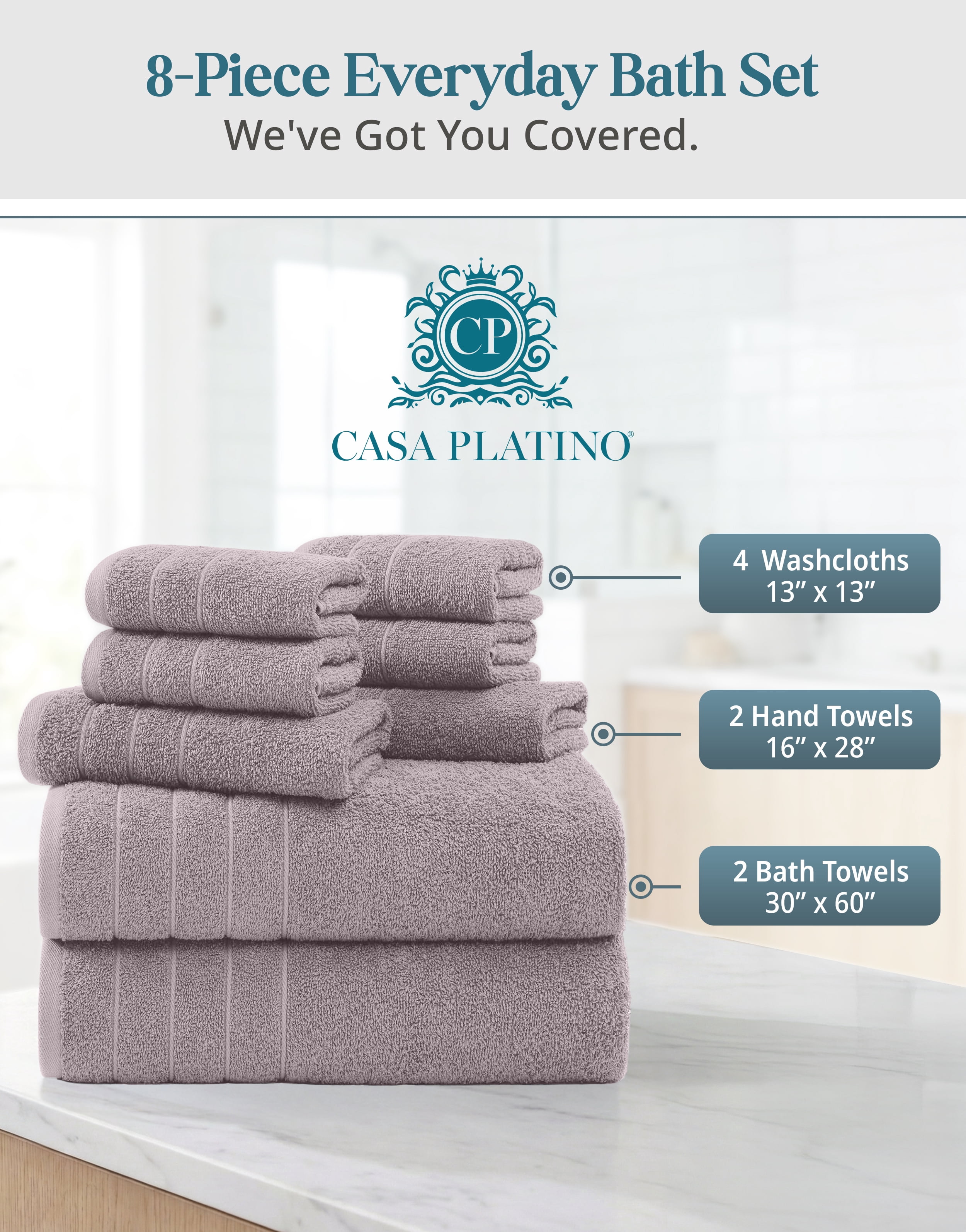 Casa Platino 100% Ring-Spun Cotton Bath Towel Set of 8– 2 Bath, 2 Hand Towel & 4 Washcloths, Quick-Dry, Luxuriously Soft & Durable, Perfect for Everyday use – Platinum