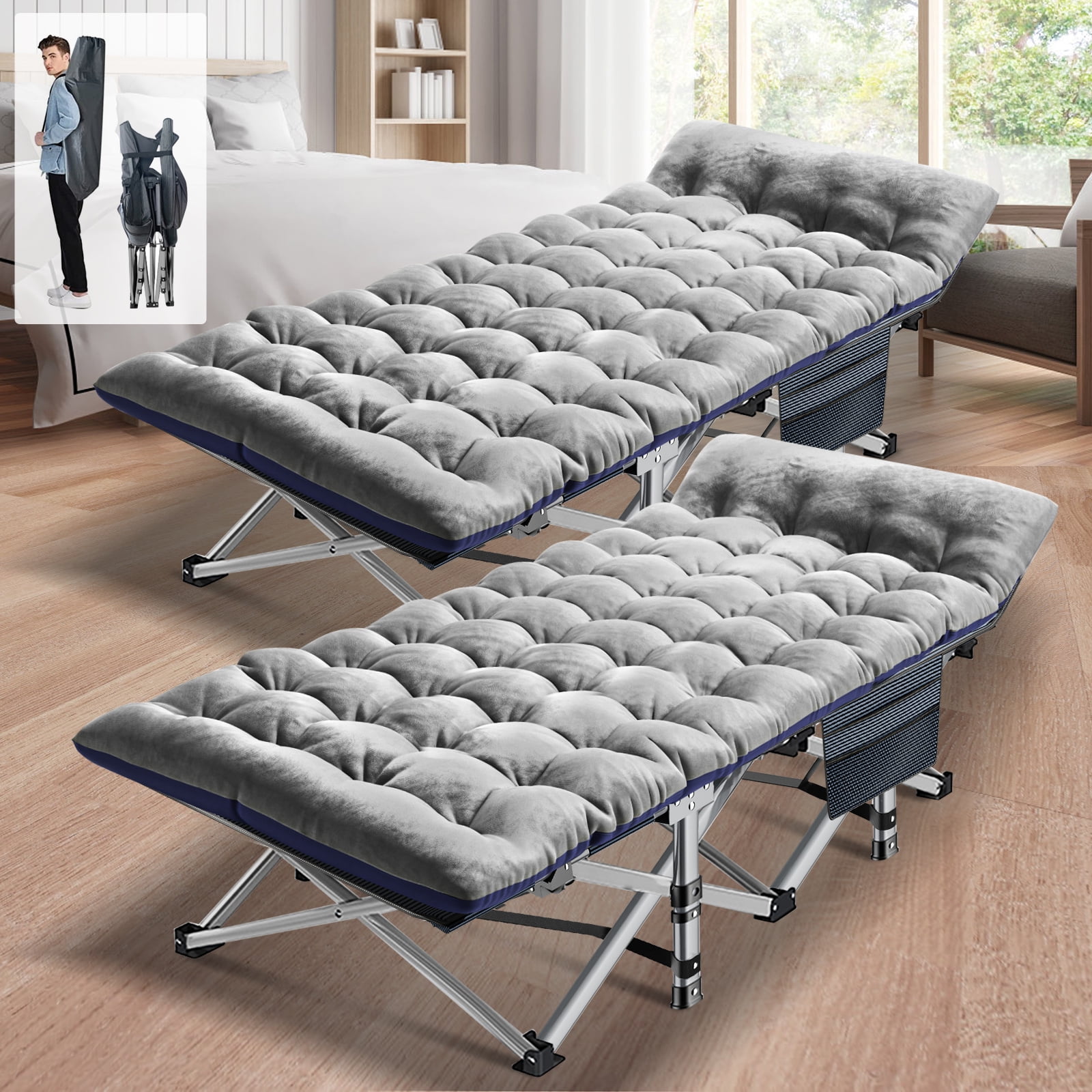 ABORON 2 Packs Folding Cots for Sleeping with 2 Sided Mattress & Carry Bag, Folding Camping Cot