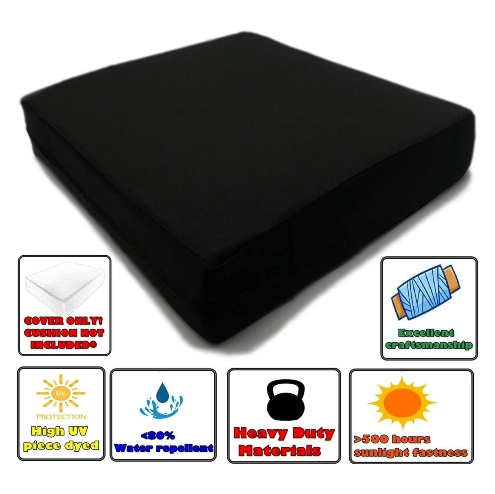 Indoor Outdoor Water High UV Resistant Patio Chair Cushion Cover (Just Black, 22"x20"x4" (4 Covers))