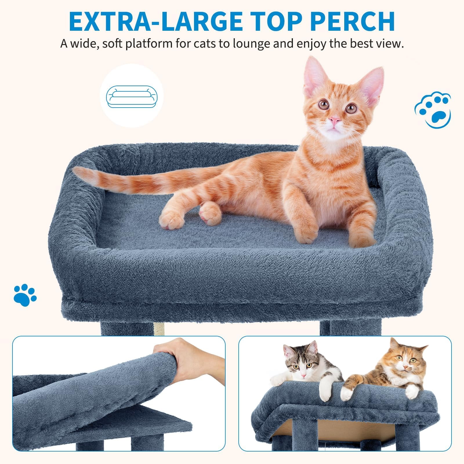 61 Inch Cat Tree for Large Cats, Heavy-Duty Cat Tower with Extra Large Perch & 2 Condos, Multi-Level Cat Furniture for Maine Coon & Adult Cats, Sisal Scratching Posts with Toys (Light Blue)