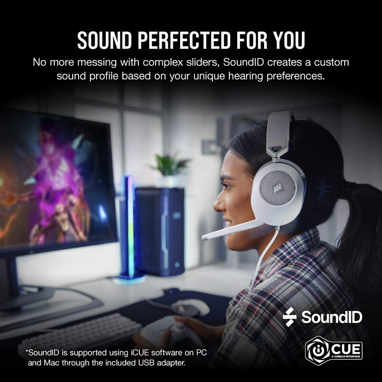 Corsair HS65 Surround Gaming Headset; Dolby Audio 7.1 Surround Sound on PC  and Mac, Multi-Platform Compatibility, White