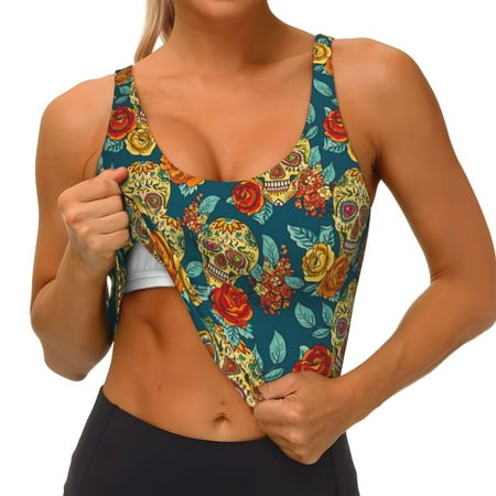 Qokaie Skull And Flowers Pattern Womens Scoop Neck Sports Bra Breathable Workout Vest Padded U Back Medium Impact Fitness Gym Yoga Bra Workout Crop Top