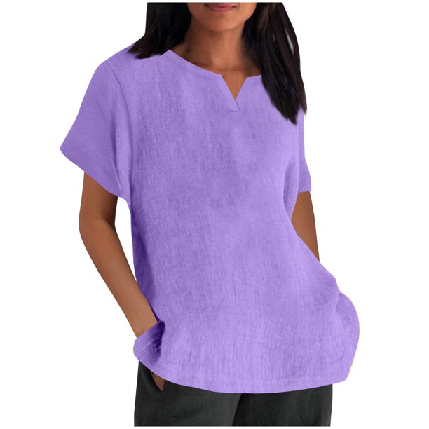 Vestidos Casuales Para Mujer, Blusas De Mujer De Moda Camisa de lino y lino de verano con cuello en V y manga corta transpirable para mujer