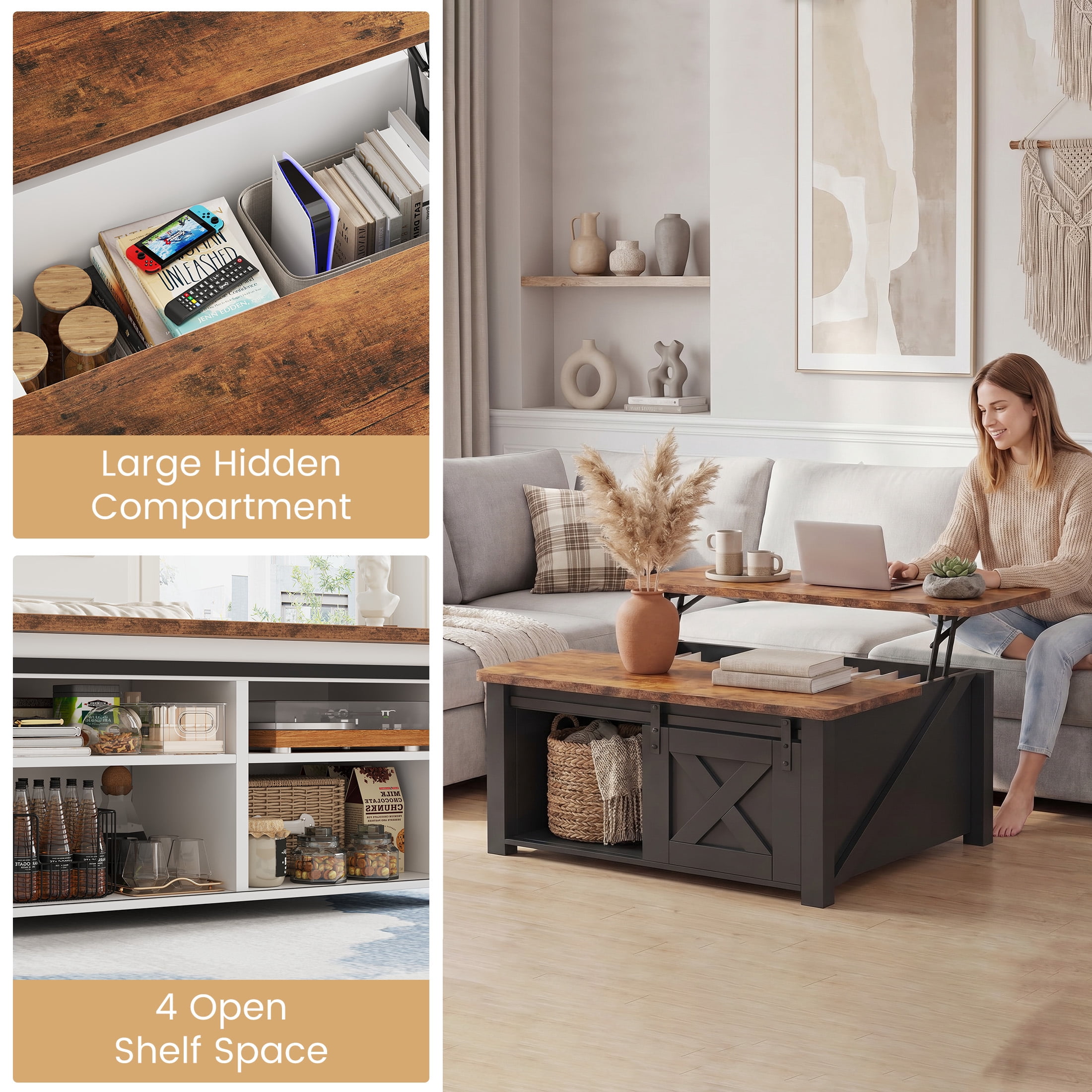 EDX Modern Lift Top Coffee Table with Hidden Storage & Adjustable Shelves, Square Farmhouse Center Table for Living Room, White