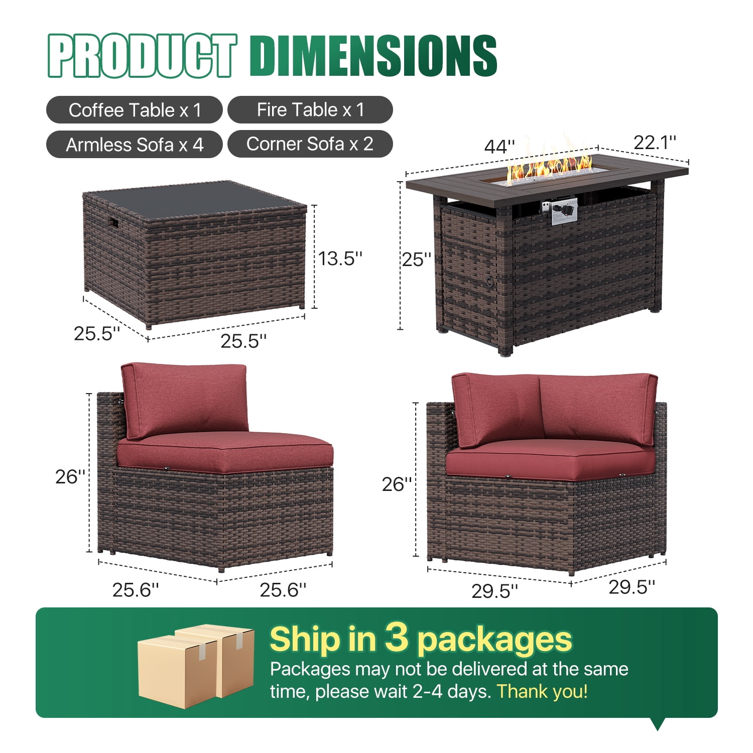 Clouddwell 8 Piece Patio Furniture Set with 44” Fire Pit Table Wicker Rattan Patio Conversation Set Outdoor Sectional Sofa Set with Coffee Table and Blue Cushions(Waterproof Cover Included)