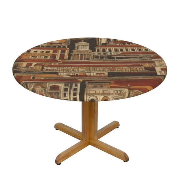 Roma Building Old Round Fitted Tablecloths Table Covers Wipeable Waterproof Elastic for Kitchen Dinning Parties Wedding Picnic Medium Fits 45-50 Inch Table Size