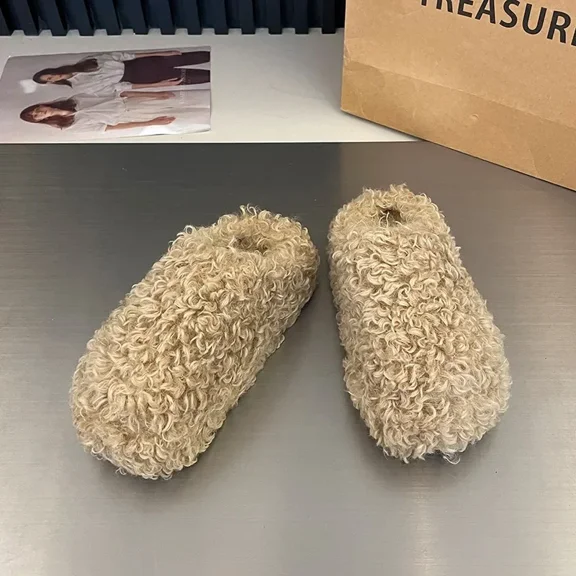 Winter New Fashion Casual Women's Flat Shoes Comfortable Plus Velvet Warm Slippers Non-slip Lightweight Soft-soled Women's Shoes (apricot,35)