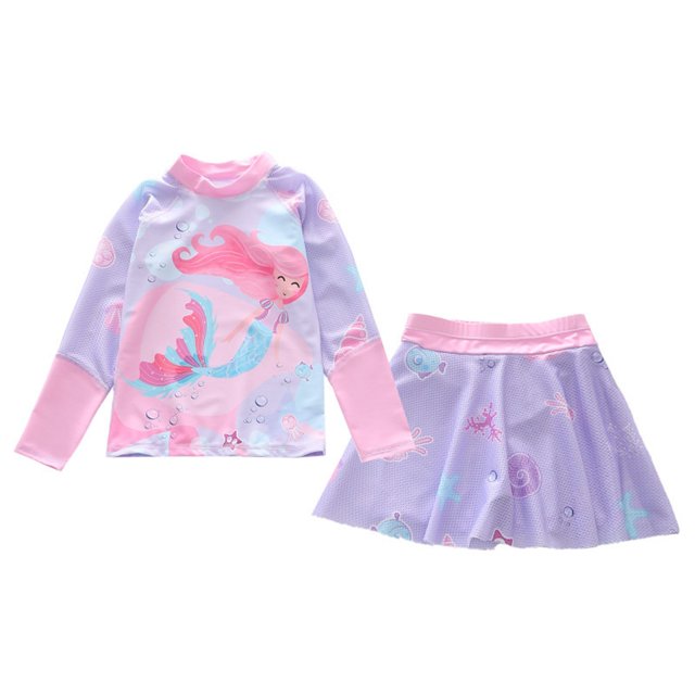 Hiiyo Toddler Girls 2-Piece Swimsuit Cartoon Long Sleeve Rashguard Skirt Swimwear Set