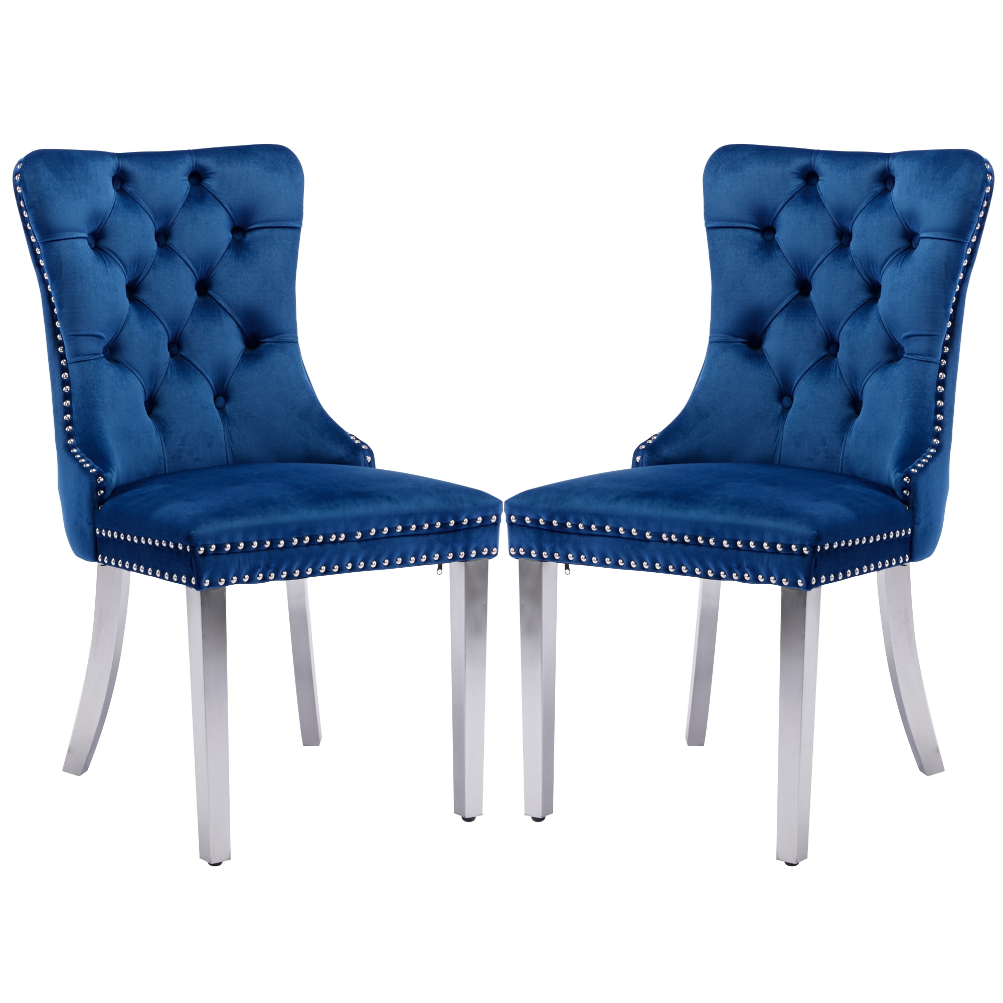 LegaHome Dining Chairs Set of 2, Modern Upholstered Velvet Dining Room Chairs with Nailhead Trim and Chrome Stainless Steel Plating Solid Wood Legs, Tufted Button Padded Chairs Set for Kitchen, Blue